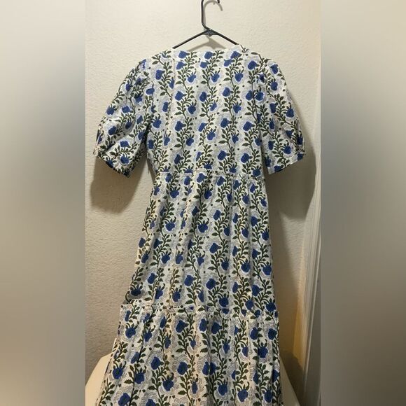 SZ Blockprints Blue Floral Midi A-Line Cotton Dress - Size Large - Picture 6 of 7